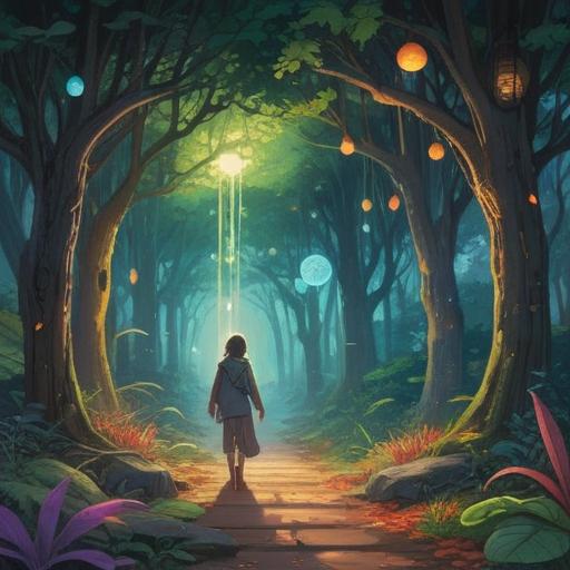 A spiritual scene depicting people switching places, ethereal light surrounding them, symbolic elements like feathers and orbs, trees with illuminated leaves, warm colors blending together, a serene, transformative atmosphere, gentle expressions of surprise and acceptance, vibrant energy flow, 4k