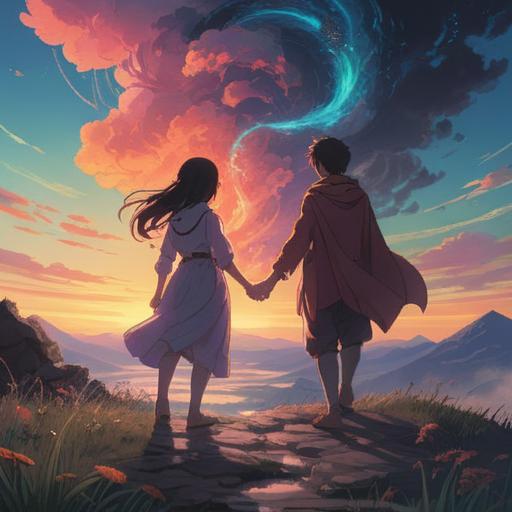 A serene and mystical landscape, ethereal symbols in the sky, two silhouettes exchanging places, glowing aura around the figures, subtle spiritual motifs, nature surrounding them, an atmosphere of transformation, soft light illuminating the scene, deep connection to the spiritual realm, 4k