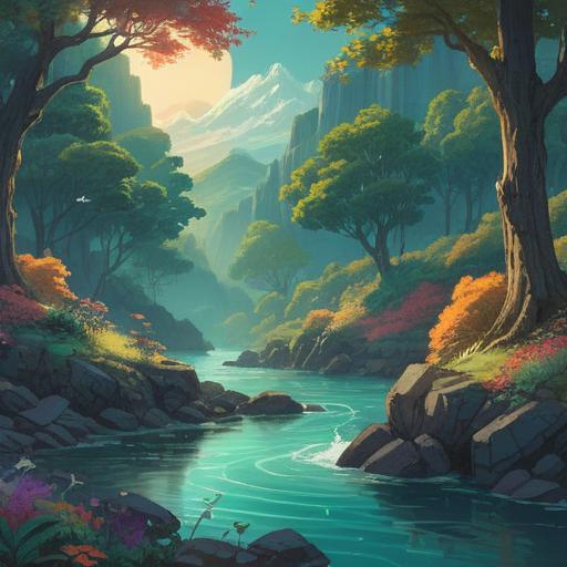 A serene and mystical landscape, vibrant colors, ethereal light, symbols of envy transforming into positive energy, flowing river representing emotions, trees embodying spiritual growth, warm and inviting atmosphere, harmonious connection with nature, 4k