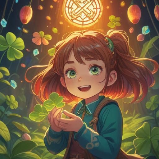 A whimsical illustration of a person holding a four-leaf clover, surrounded by shimmering lucky charms, radiant light, joyful expressions, an enchanting forest backdrop, vibrant colors, magical atmosphere, sense of wonder, cheerful character interactions, 4k