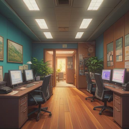 A serene office scene, people saying goodbye, subtle spiritual symbols in the background, warm lighting creating a calming atmosphere, focused expressions, flowing energy, a sense of transition, mindfulness, thoughtful body language, 4k