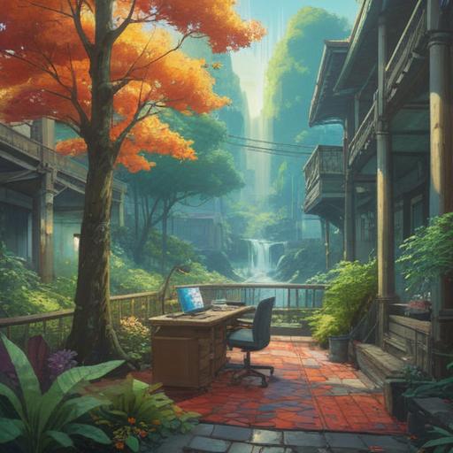 A serene landscape depicting the transition from a busy workplace to a peaceful nature scene, symbols of growth and renewal, ethereal light shining through trees, figures walking away with serene expressions, leaves gently falling, a sense of freedom and new beginnings, vibrant colors blending harmoniously, spiritual essence, 4k