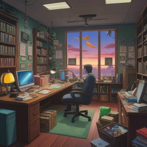 A thoughtful scene depicting a large office with empty desks, discarded personal items, a single lucky charm on one of the desks, a potted plant thriving amidst the clutter, dim lighting conveying a sense of nostalgia, expressions of concern on remaining employees' faces, documents scattered around, a feeling of change and uncertainty, 4k