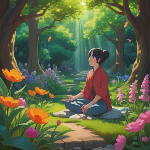 A serene scene depicting a person meditating in a tranquil garden, soft sunlight filtering through the trees, surrounded by blooming flowers, gentle breeze, peaceful expression, symbolic imagery of breaking free from chains, ethereal atmosphere, harmony and balance, a sense of liberation, vibrant colors, 4k