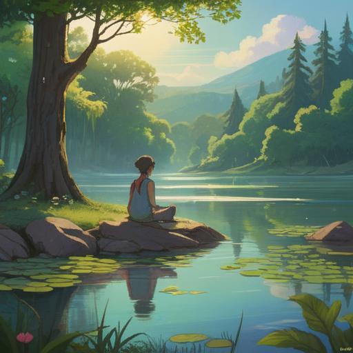 A serene landscape depicting a person meditating by a tranquil lake, surrounded by lush greenery and soft sunlight filtering through the trees, ethereal glow enveloping the figure, gentle ripples in the water reflecting vibrant colors of nature, harmonious atmosphere, sense of peace and inner balance, 4k