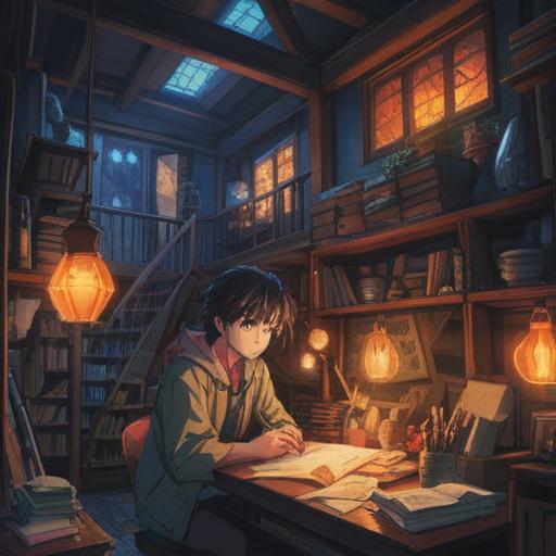 A visually cohesive illustration representing a summary, various documents and notes piled together, a person thoughtfully reviewing the content, warm lighting illuminating the scene, a cozy desk environment filled with stationery and a laptop, engaging composition, clear focus on the concept of consolidation and understanding, 4k