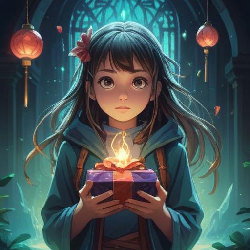 A mystical scene depicting a person holding a gift with glowing energy, surrounded by ethereal light, symbols of spirituality and connection, a serene expression on their face, nature elements like trees and flowers enhancing the atmosphere, deep in thought, 4k