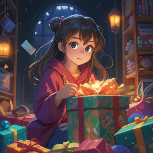 A charming scene depicting a person joyfully unwrapping a beautifully wrapped gift, vibrant colors, glowing lucky items spilling out, warm and inviting atmosphere, intricate details of the gift’s design, expressions of surprise and happiness, surrounded by a cozy living space, soft light filtering through the window, 4k