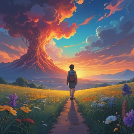 A serene landscape depicting a person slowly walking away towards a glowing horizon, symbolic representation of spiritual growth and transformation, soft light illuminating the path ahead, a sense of peace and release in the air, vibrant colors blending with the soft contours of nature, gentle breeze rustling the leaves, encouraging atmosphere of letting go and embracing change, 4k