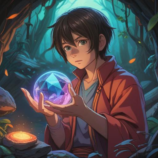 A captivating illustration of a person holding a lucky stone, vibrant colors, glowing aura around the stone, enchanting background, symbols of good fortune, expressions of joy and wonder, mystical elements, 4k
