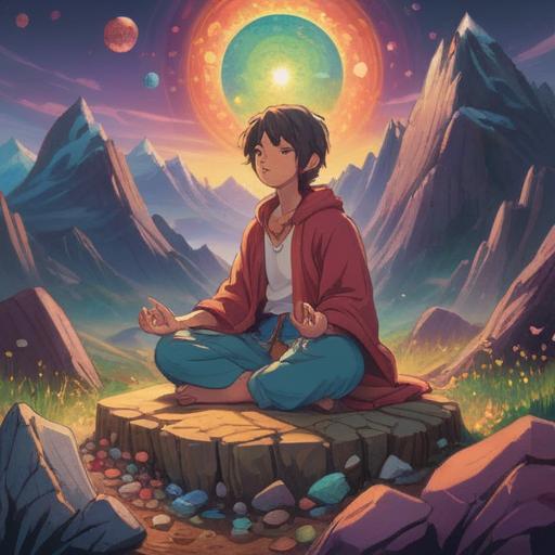 A serene illustration depicting a person meditating on a mountainside, surrounded by a glowing aura of colorful gemstones representing various lucky stones, a vibrant sunset in the background symbolizing personal transformation, gentle breeze moving through the grass, peaceful expression on the person's face, harmony with nature, sense of freedom and enlightenment, inspirational ambiance, 4k