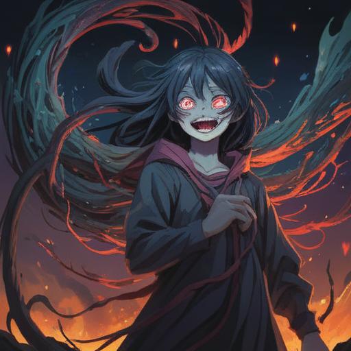 A conceptual illustration representing the dark side of human nature, a figure with a twisted smile observing others in distress, ethereal elements symbolizing spiritual energy, contrasting emotions depicted through shadow and light, surreal surroundings highlighting the complexity of joy in sadness, thought-provoking imagery, 4k