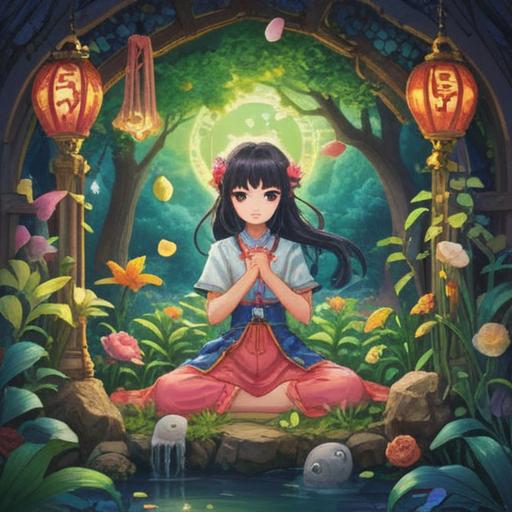 A serene and uplifting illustration of a lucky charm, surrounded by symbols of peace and tranquility, vibrant colors, soft lighting, mystical garden with gentle flowing water, numerous calming elements like stones and flowers, inviting atmosphere, 4k