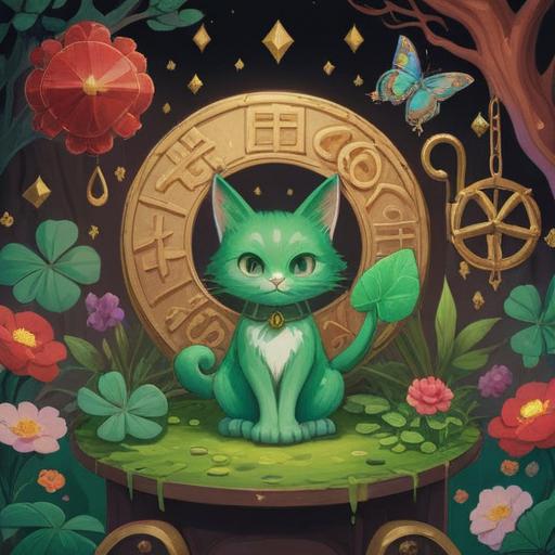 A whimsical illustration depicting a variety of lucky items, such as a four-leaf clover, a horseshoe, a lucky cat, and a wishbone, arranged in a vibrant and colorful setting, surrounded by cheerful characters enjoying their newfound luck, bright and enchanting atmosphere, playful details, 4k