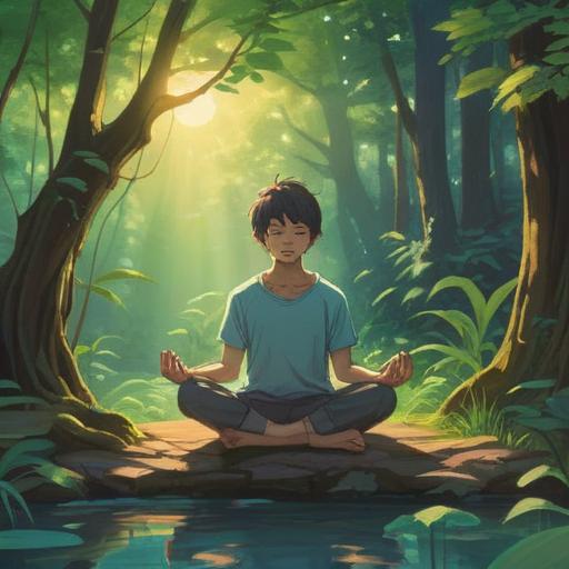 A serene and calming scene depicting a person meditating in a peaceful environment, surrounded by nature, soft sunlight filtering through trees, symbolic representations of thoughts and emotions in the air, a clear path leading to harmony, a sense of clarity and tranquility, emphasizing self-reflection and mental organization, 4k