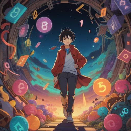 A vibrant illustration of a person surrounded by symbolic representations of their lucky number, colorful numbers floating around, positive energy radiating, joyful expressions, encouraging atmosphere, hints of fortune and good luck charms, whimsical design, 4k