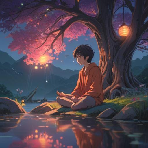 A serene and peaceful landscape, a person meditating under a tree, surrounded by soft glowing lights, gentle flowing water nearby, an aura of tranquility, symbols of spiritual awakening, nature's harmony, uplifting energy, 4k