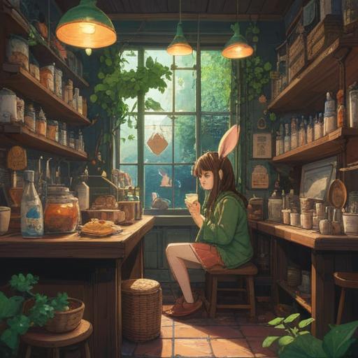 A whimsical illustration of a person sitting in a cozy café, surrounded by charming lucky items like a four-leaf clover, a rabbit's foot, and a lucky penny, a light-hearted atmosphere, warm colors, soft lighting, hints of social interaction with others in a blurred background, an aura of comfort and relaxation, 4k