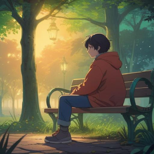 A serene and introspective scene, a person sitting alone on a park bench, surrounded by ethereal light, representing spiritual exhaustion, subtle aura of colors, soft rays illuminating the individual, gentle nature elements like trees and flowers, peaceful environment conveying a sense of solitude, reflective expression, balanced composition, 4k
