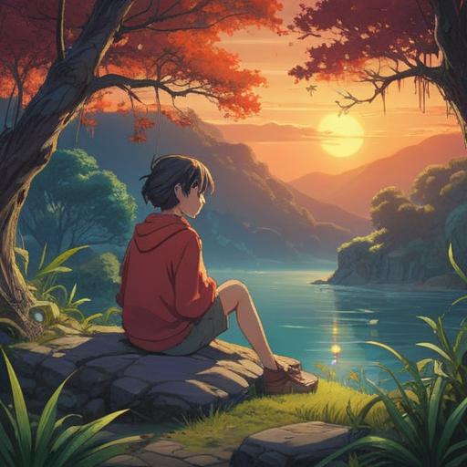 A serene scene depicting a person sitting peacefully in a tranquil environment, surrounded by nature, hints of light illuminating their figure, showing deep introspection and growth, ethereal aura representing spiritual awakening, soft focus on the greenery and flowers around, a subtle glow reflecting inner peace and divine connection, conveying the message of transformation, harmony, and self-discovery, 4k