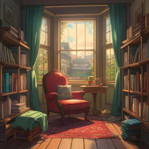 A serene and tranquil scene depicting a cozy reading nook, soft sunlight filtering through window curtains, a comfortable armchair piled with blankets, a steaming cup of tea on a small table, shelves filled with books, plants adding a touch of greenery, peaceful atmosphere, inviting space, perfect for relaxation and unwinding, 4k