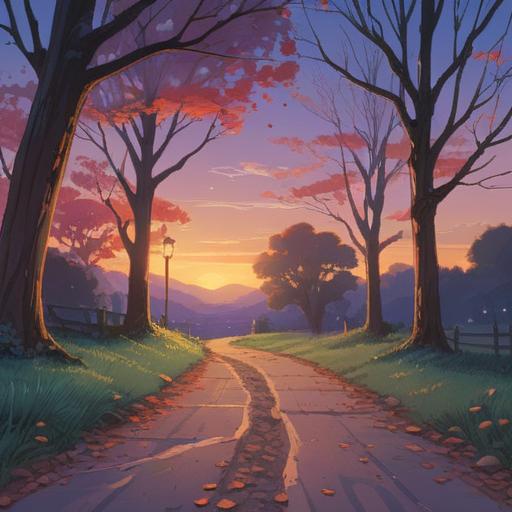 A serene landscape at twilight, depicting a pathway leading into the distance, symbolic trees shedding leaves, a gentle breeze swirling around, ethereal light illuminating the scene, representing change and transformation, a subtle silhouette of a person walking away, soft shadows, contemplative mood, nature's tranquility, 4k