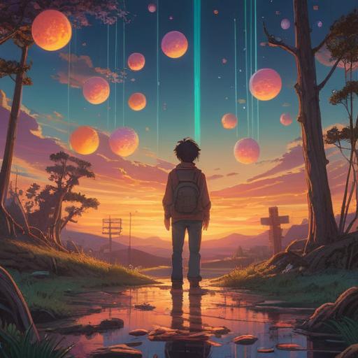 A serene depiction of a person standing at a crossroads during sunset, surrounded by glowing orbs of light symbolizing spiritual guidance, gentle waves in the background reflecting warm hues, a feeling of calm and hope in the air, ethereal and dreamlike atmosphere, 4k