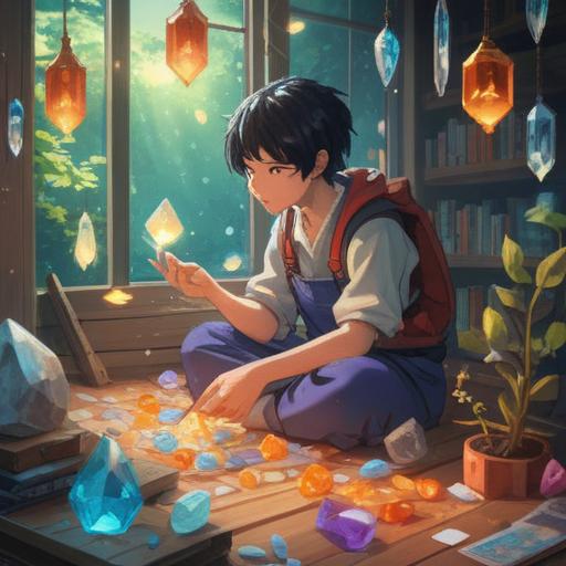 A tranquil illustration of a person preparing for the season of separation, surrounded by various lucky crystals glowing gently, soft sunlight filtering through the leaves, a peaceful and reflective atmosphere, detailed depiction of each crystal's unique features, serene facial expression, harmony with nature, 4k