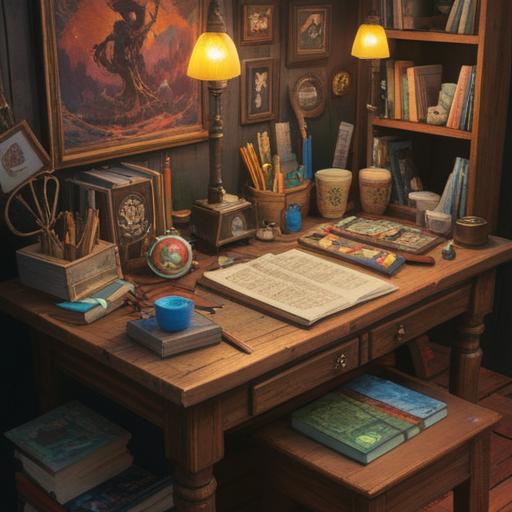 A collection of vibrant and diverse objects arranged neatly on a wooden table, showcasing various forms of art supplies, books, and crafting materials, each item meticulously categorized, conveying a sense of organization and creativity, bright natural lighting, inviting atmosphere, clear focus on the concept of 'summary', 4k