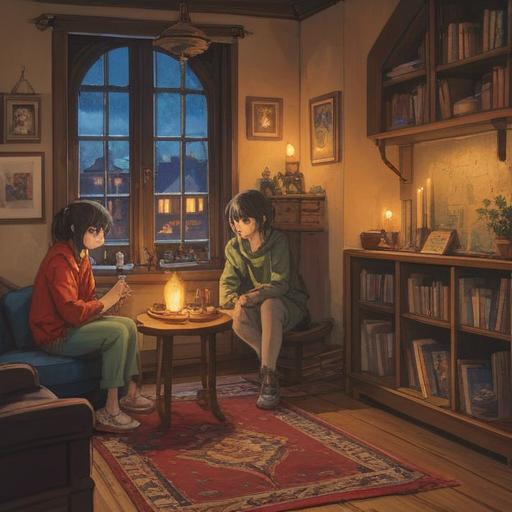 A cozy gathering in a home, warm and inviting atmosphere, people engaged in deep conversation, a sense of connection and community, candles and soft lighting, spiritual symbols decor, peaceful expressions, nurturing environment, 4k