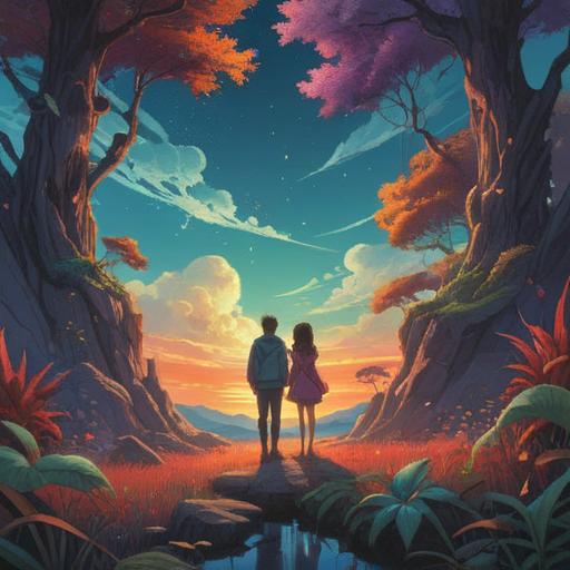 A conceptual illustration depicting the spiritual meaning of an unchanging love, a timeless scene of two figures standing at the edge of a serene lake, surrounded by ethereal mist, symbolic elements such as intertwined vines and blooming flowers, soft and muted colors, a sense of longing and tranquility, mystical lighting, expressive facial expressions, intricate details in the surroundings, 4k