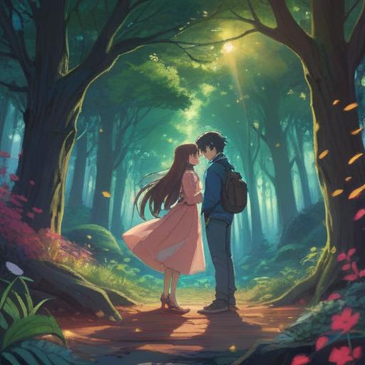 A symbolic illustration of an unrequited love, ethereal background, soft light filtering through trees, souls intertwined yet apart, a glowing heart symbolizing hope, serene atmosphere, contrasting emotions, spiritual connection, 4k