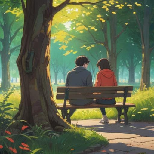 A serene illustration of two people sitting on a park bench, gentle sunlight filtering through the trees, a sense of longing and companionship, subtle expressions conveying unspoken emotions, soft autumn leaves around them, warm and comforting atmosphere, symbolism of patience and understanding in love, 4k