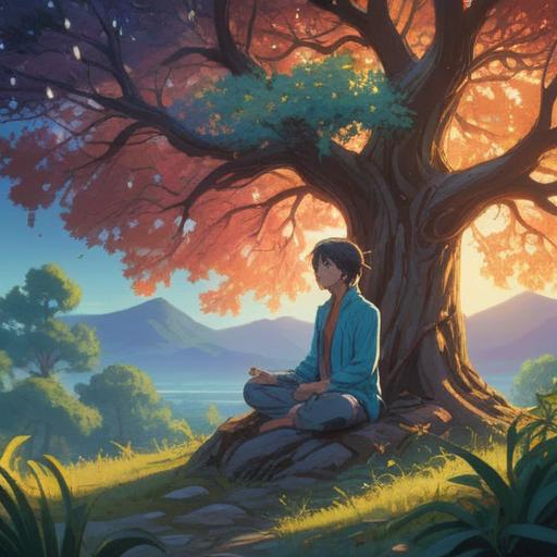 A serene landscape illustrating the concept of spiritual growth through adversity, a person meditating under a large tree, vibrant light beams breaking through the clouds, symbolic elements like butterflies and blooming flowers representing transformation, soft pastel colors, tranquil atmosphere, 4k