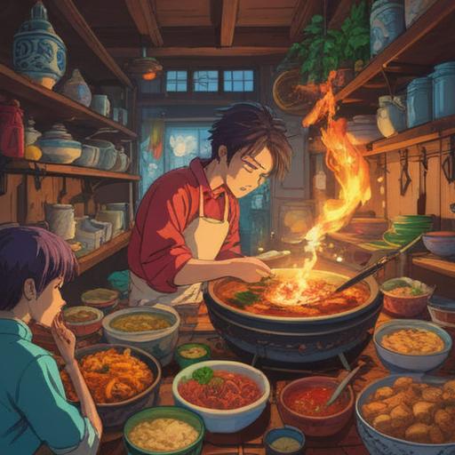 A vibrant and colorful illustration depicting a person surrounded by an array of spicy dishes, intense colors reflecting heat and passion, steam rising from the food, an aura of energetic vibes, spiritual symbols integrated in the background, a sense of longing and desire, warm lighting illuminating the scene, 4k