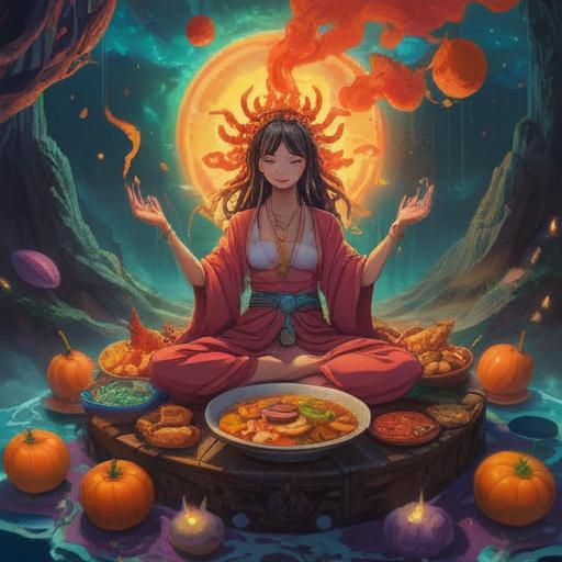 A mystical representation of cravings for spicy food, symbolic elements indicating spiritual awakening, vibrant colors depicting energy flow, a figure meditating with spices around them, ethereal light illuminating the scene, harmonious balance of heat and tranquility, abstract patterns symbolizing inner growth, deep connection to one's senses, serene atmosphere, visually enchanting, 4k