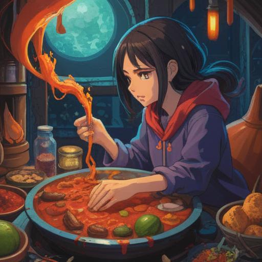 A mystical interpretation of spiritual signs appearing when craving spicy food, vibrant energy surrounding abstract symbols, a person contemplating an array of spices, bright red and yellow hues representing heat, ethereal glow and aura, reflective atmosphere suggesting introspection, detailed textures of spices and ingredients, 4k