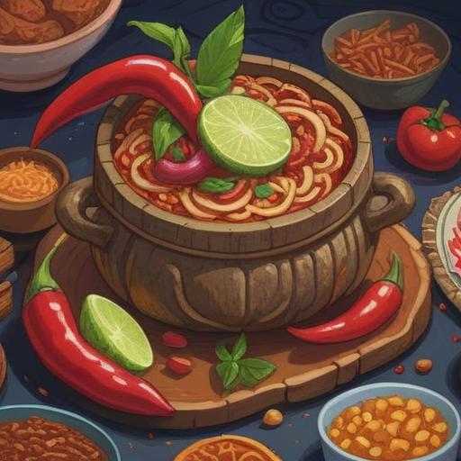 A vibrant illustration of a lucky charm associated with spicy food cravings, featuring a colorful red chili pepper alongside a decorative talisman, set on a wooden table, with steam rising from a bowl of spicy ramen in the background, inviting ambiance, mouth-watering textures, playful and cheerful elements, 4k