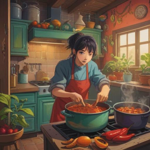 A vibrant illustration of a traditional kitchen, a cheerful cook surrounded by various spicy ingredients, a pot simmering with colorful chili peppers, a bright sunlight shining through the window, a mystical aura surrounding the spices, symbolic elements of luck like four-leaf clovers and lucky charms scattered among the ingredients, warm colors, inviting atmosphere, 4k