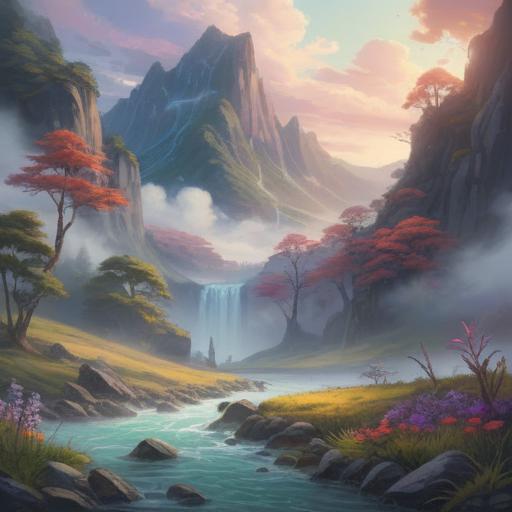 A serene landscape depicting a mountain shrouded in mist, symbolizing hidden struggles, a gentle stream flowing through the valley, representing emotional release, ethereal light breaking through the clouds, illuminating the path ahead, deep-rooted trees standing tall, embodying resilience, tranquil atmosphere, inviting reflection, spiritual symbolism, 4k
