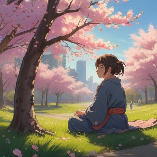 A serene scene depicting a person sitting under a blooming cherry blossom tree, gentle rays of sunlight filtering through the branches, a soft breeze carrying petals, a look of peace and enlightenment on their face, vibrant colors, symbolism of hope and spiritual awakening, contrasting elements of struggle and tranquility, 4k