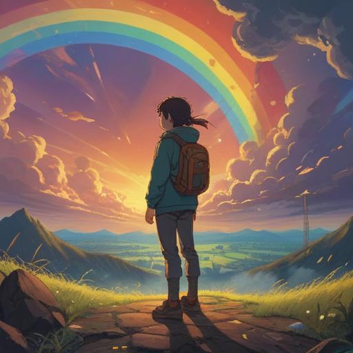 A motivational scene depicting a person overcoming challenges, illuminated by warm sunlight breaking through dark clouds, a rainbow appearing in the background, symbolic elements like four-leaf clovers and shooting stars, a sense of hope and perseverance, vibrant colors, uplifting atmosphere, inspiring character expression, 4k