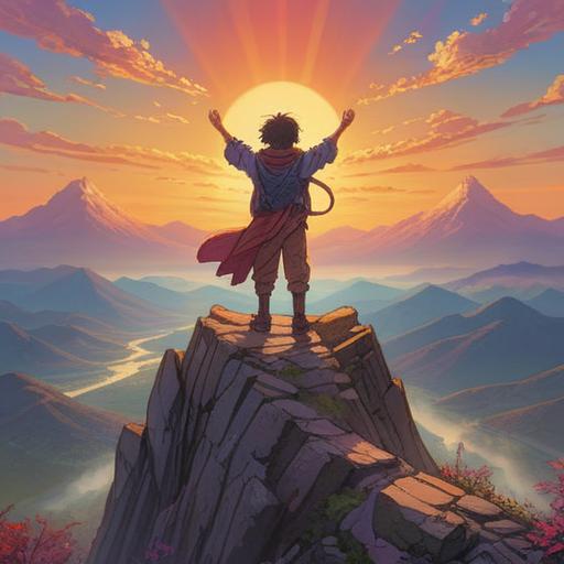A powerful and uplifting illustration, a person standing atop a mountain, arms raised triumphantly, vibrant sunset in the background, symbolizing resilience and strength, gentle winds blowing, flowers blooming at their feet, warm light illuminating the scene, conveying hope and determination, 4k