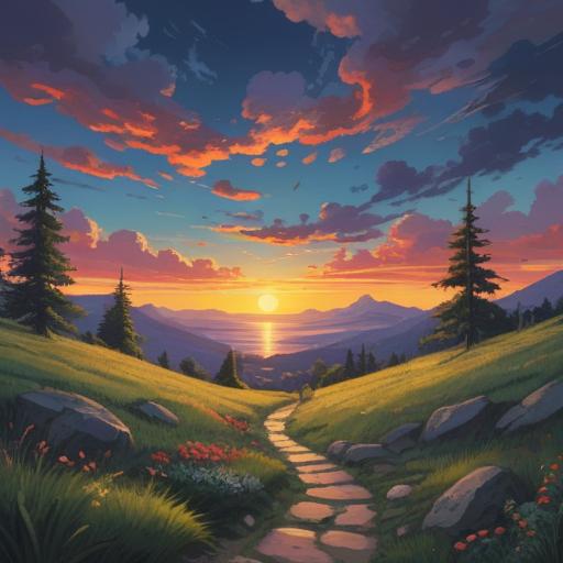 A serene landscape depicting a sunrise after a storm, vibrant colors symbolizing hope and renewal, a winding path leading to a bright horizon, soft rays of light breaking through dark clouds, lush greenery representing growth, tranquil atmosphere, spiritual symbolism of overcoming hardships, 4k