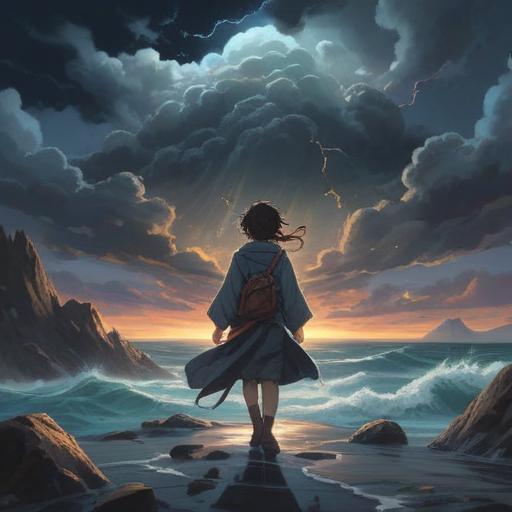 A thought-provoking illustration of a person navigating through a stormy environment, dark clouds symbolizing challenges, subtle glimmers of light representing spiritual signs, a path illuminated by ethereal symbols, a sense of hope and resilience, emotional expressions conveying struggle and determination, detailed background featuring tumultuous weather, contrast between darkness and light, 4k