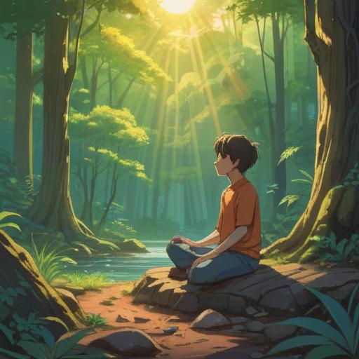 A serene and calming illustration of a person meditating in a peaceful nature setting, surrounded by gentle rays of sunlight filtering through trees, soft flowing water nearby, visualizing positive energy flowing towards them, tranquil expression, harmonious colors, inspiring atmosphere, 4k