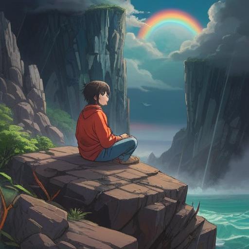 A serene landscape depicting a person meditating on a rocky cliff, surrounded by stormy clouds and a distant rainbow, symbolizing overcoming hardships, subtle rays of light breaking through, ethereal atmosphere, deep emotional resonance, 4k