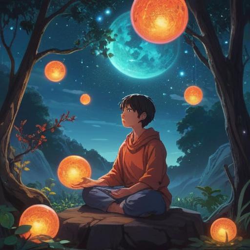 A serene illustration depicting a person meditating under a starry sky, surrounded by glowing orbs of light, symbolizing spiritual guidance, gentle waves of energy flowing around them, soft and calming atmosphere, deep connection to the universe, the transition from struggle to enlightenment, vibrant colors representing hope and healing, 4k