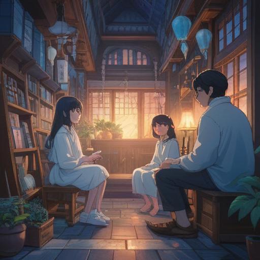 A serene and contemplative scene, family members gathered around a softly glowing light, ethereal aura, shades of blue and white, gentle expressions of loss and understanding, symbolic representations of transition and connection, nature elements like flowers and trees surrounding them, warm and peaceful feeling, rich details in their clothing, 4k