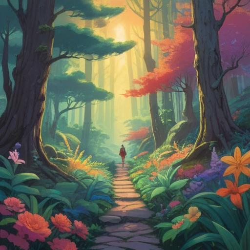 A serene landscape depicting personal growth and healing, vibrant yet calming colors, a path leading through a tranquil forest, gentle sunlight filtering through the trees, symbols of growth like blooming flowers and butterflies, a person meditating by a peaceful stream, harmonious atmosphere, inspiring elements of nature, 4k